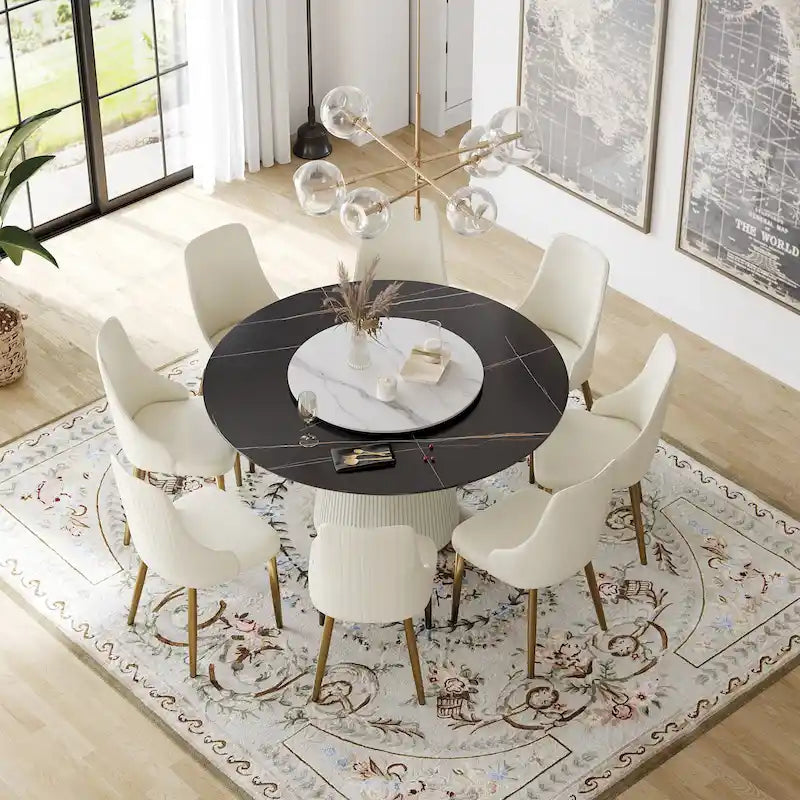 59 Modern Round Dining Table for 8, Black Sintered Stone Tabletop with Lazy Susan
