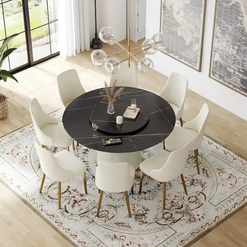59 Modern Round Dining Table for 8, Black Sintered Stone Tabletop with Lazy Susan