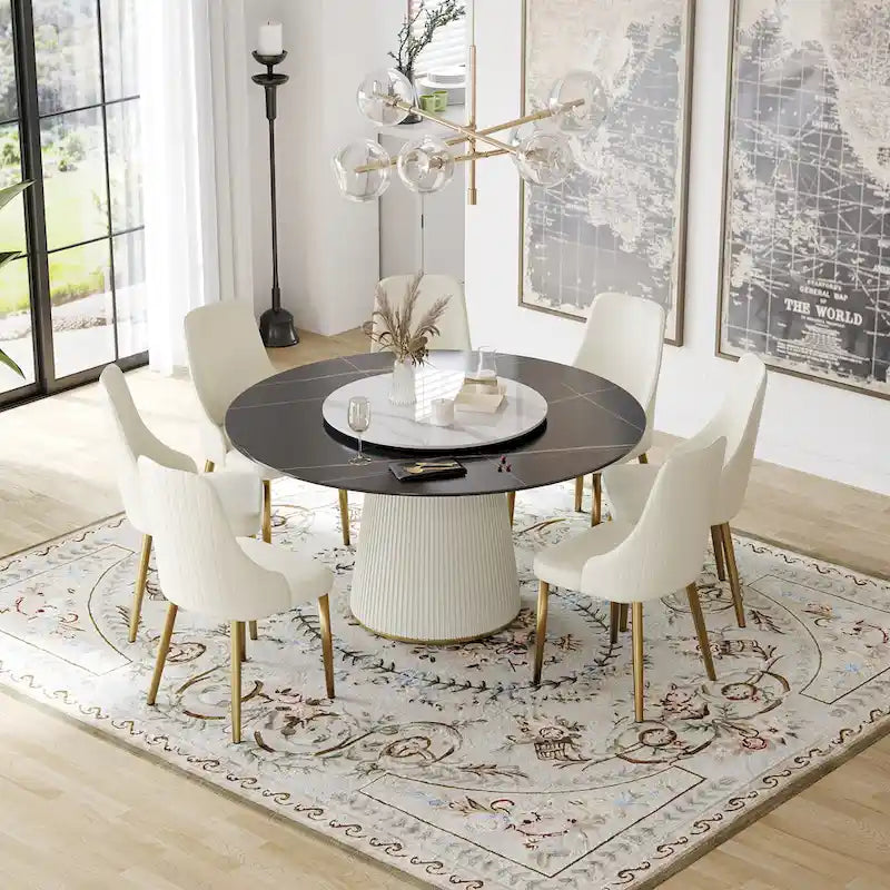 59 Modern Round Dining Table for 8, Black Sintered Stone Tabletop with Lazy Susan