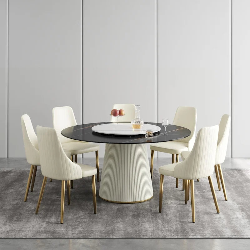 59 Modern Round Dining Table for 8, Black Sintered Stone Tabletop with Lazy Susan