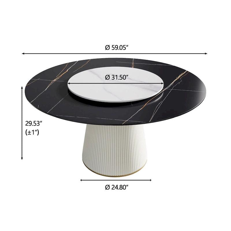 59 Modern Round Dining Table for 8, Black Sintered Stone Tabletop with Lazy Susan