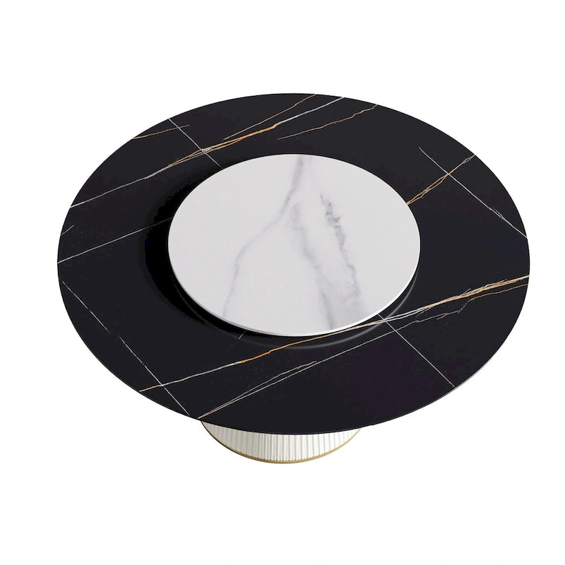 59 Modern Round Dining Table for 8, Black Sintered Stone Tabletop with Lazy Susan