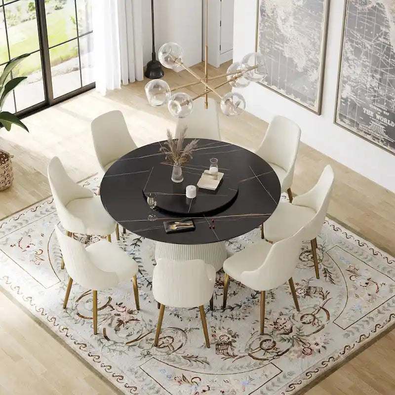 59 Modern Round Dining Table for 8, Black Sintered Stone Tabletop with Lazy Susan