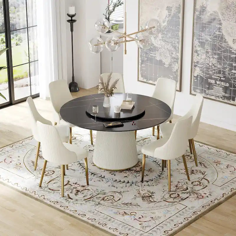 59 Modern Round Dining Table for 8, Black Sintered Stone Tabletop with Lazy Susan