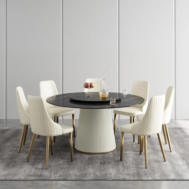 59 Modern Round Dining Table for 8, Black Sintered Stone Tabletop with Lazy Susan
