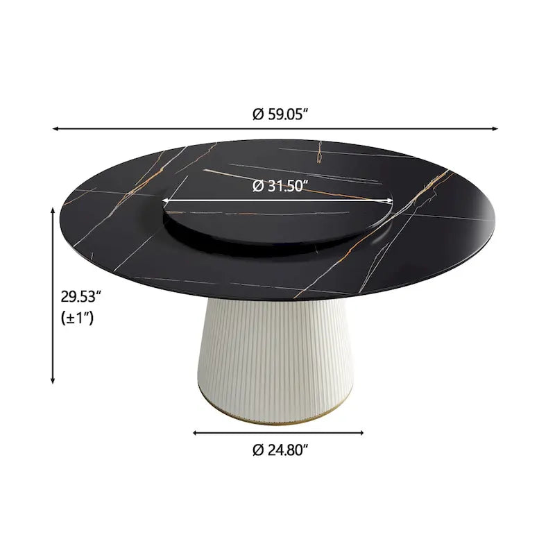 59 Modern Round Dining Table for 8, Black Sintered Stone Tabletop with Lazy Susan