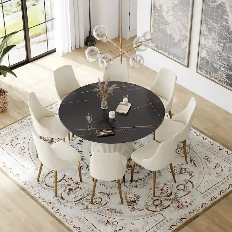 59 Modern Round Dining Table for 8, Black Sintered Stone Tabletop with Lazy Susan
