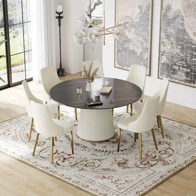 59 Modern Round Dining Table for 8, Black Sintered Stone Tabletop with Lazy Susan