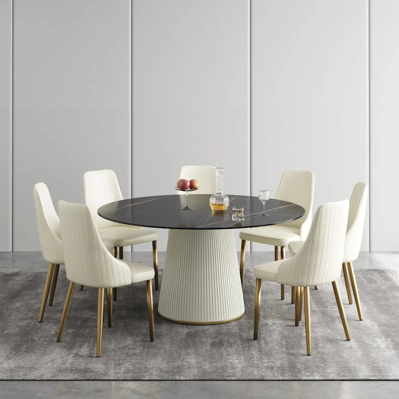 59 Modern Round Dining Table for 8, Black Sintered Stone Tabletop with Lazy Susan