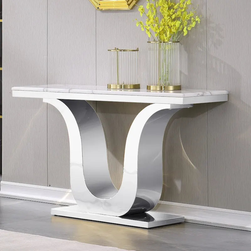50 inch Luxury Console Table Rectangle Living Room White Sofa Entryway Table with Stainless Steel U Base