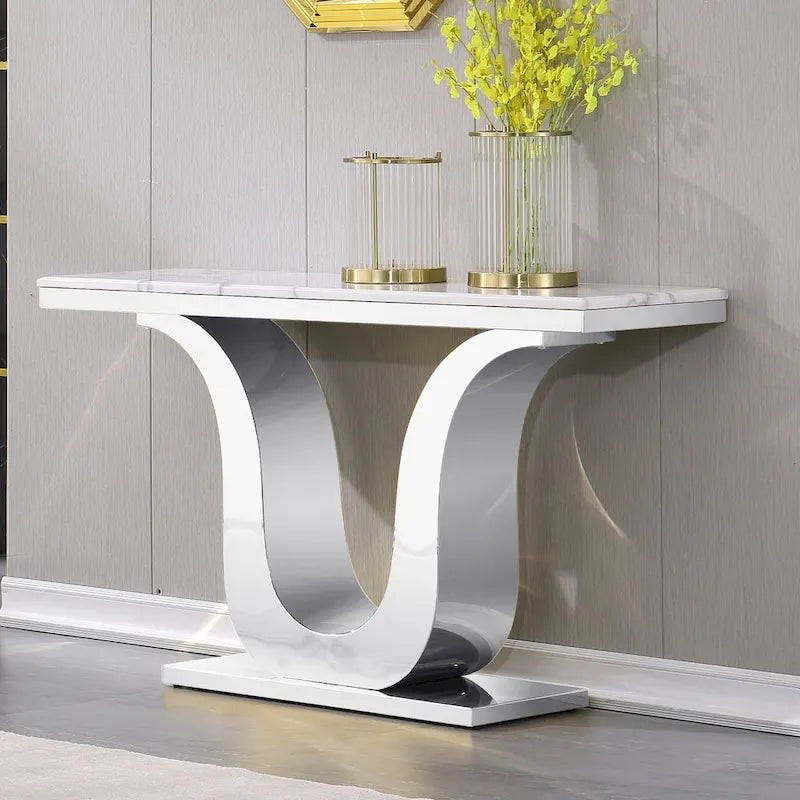 50 inch Luxury Console Table Rectangle Living Room White Sofa Entryway Table with Stainless Steel U Base