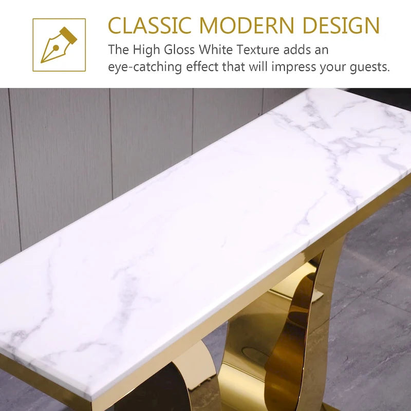 50 inch Luxury Console Table Rectangle Living Room White Sofa Entryway Table with Stainless Steel U Base