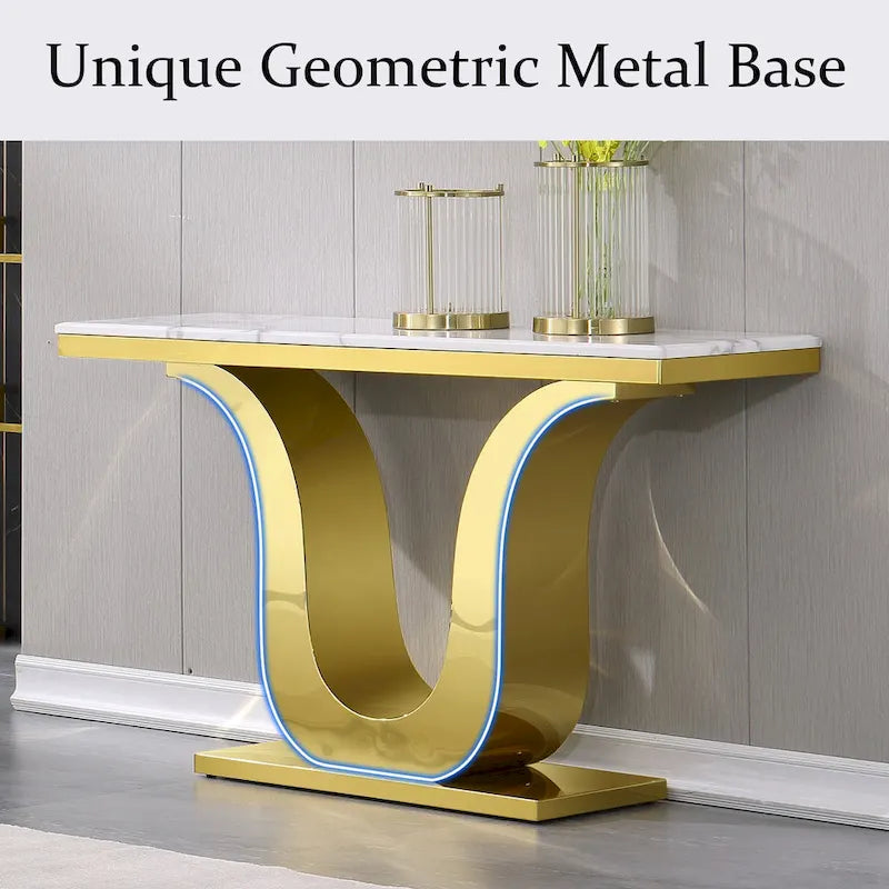 50 inch Luxury Console Table Rectangle Living Room White Sofa Entryway Table with Stainless Steel U Base