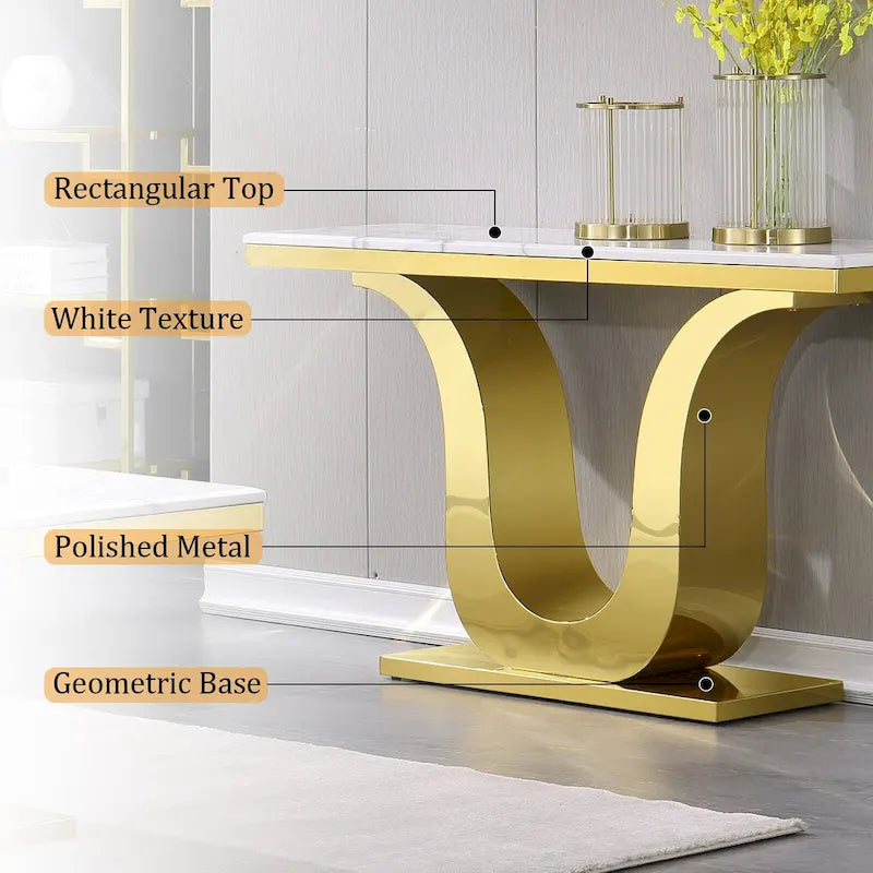 50 inch Luxury Console Table Rectangle Living Room White Sofa Entryway Table with Stainless Steel U Base