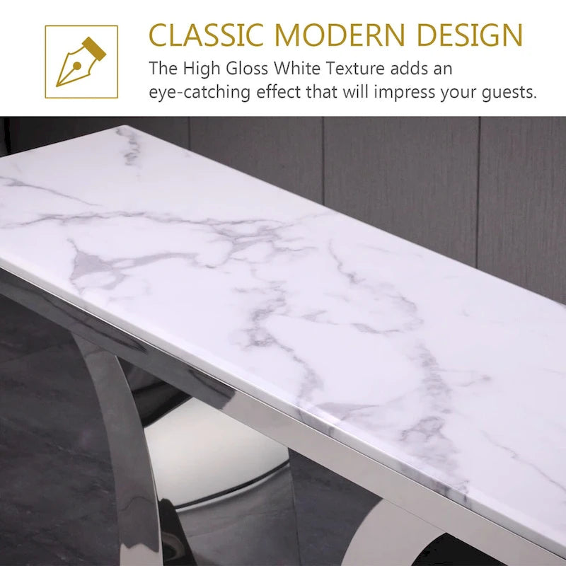 50 inch Luxury Console Table Rectangle Living Room White Sofa Entryway Table with Stainless Steel U Base