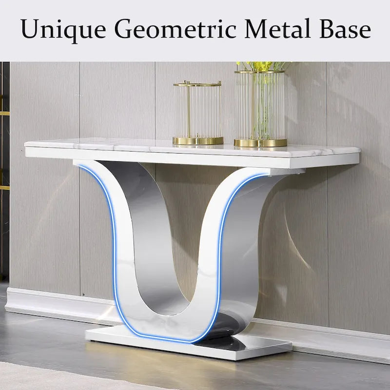 50 inch Luxury Console Table Rectangle Living Room White Sofa Entryway Table with Stainless Steel U Base