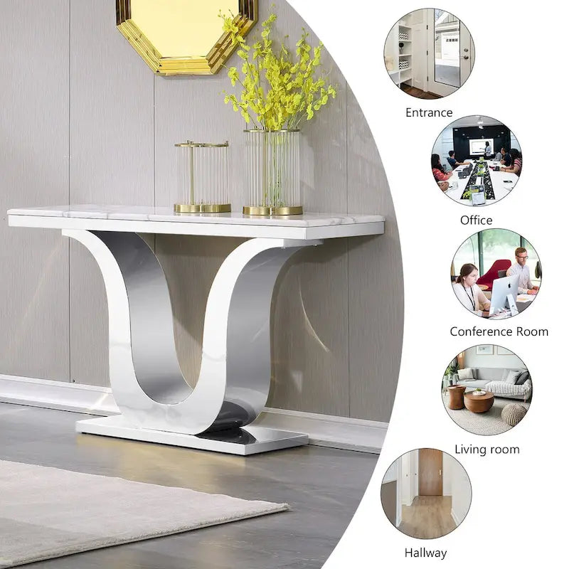 50 inch Luxury Console Table Rectangle Living Room White Sofa Entryway Table with Stainless Steel U Base