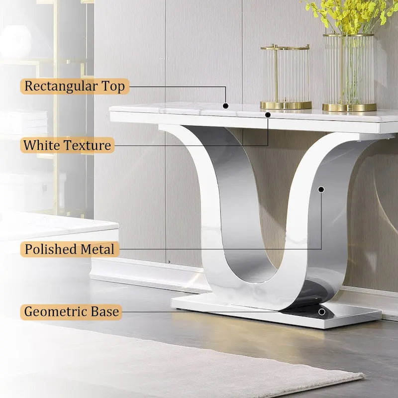 50 inch Luxury Console Table Rectangle Living Room White Sofa Entryway Table with Stainless Steel U Base