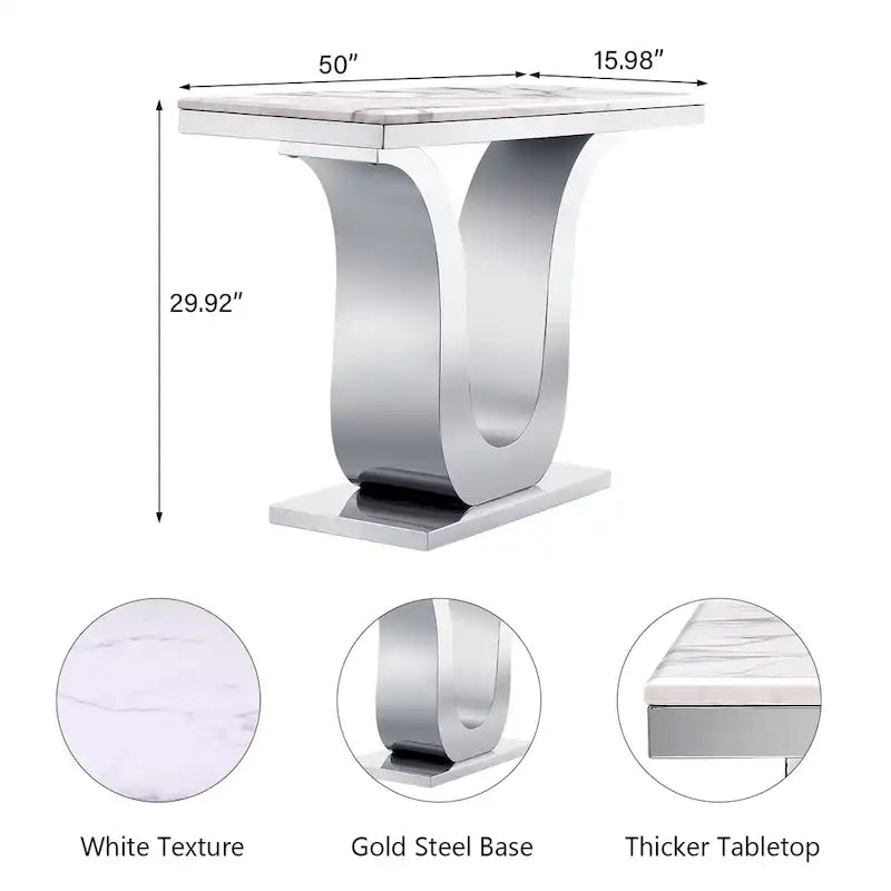 50 inch Luxury Console Table Rectangle Living Room White Sofa Entryway Table with Stainless Steel U Base