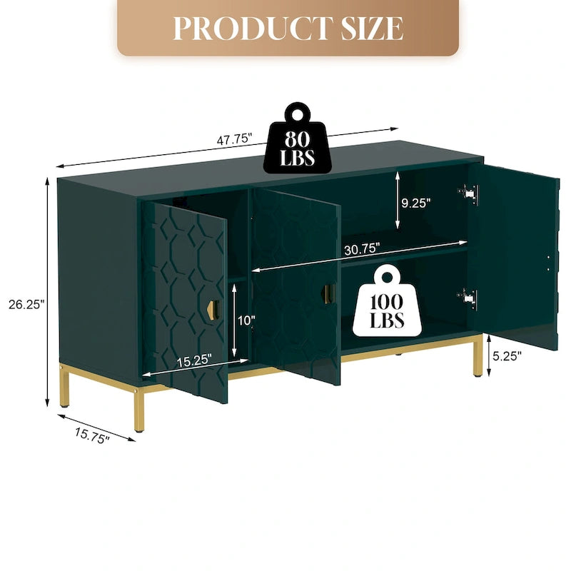 Clihome 3 Door Glossy Media Storage Sideboard Accent Cabinet