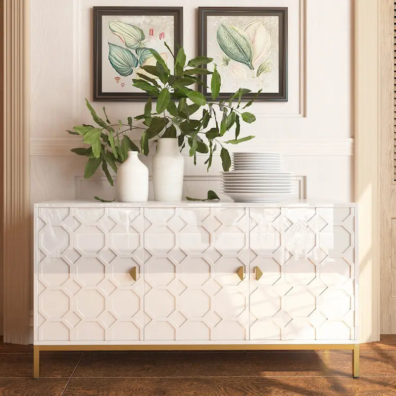 Clihome 3 Door Glossy Media Storage Sideboard Accent Cabinet