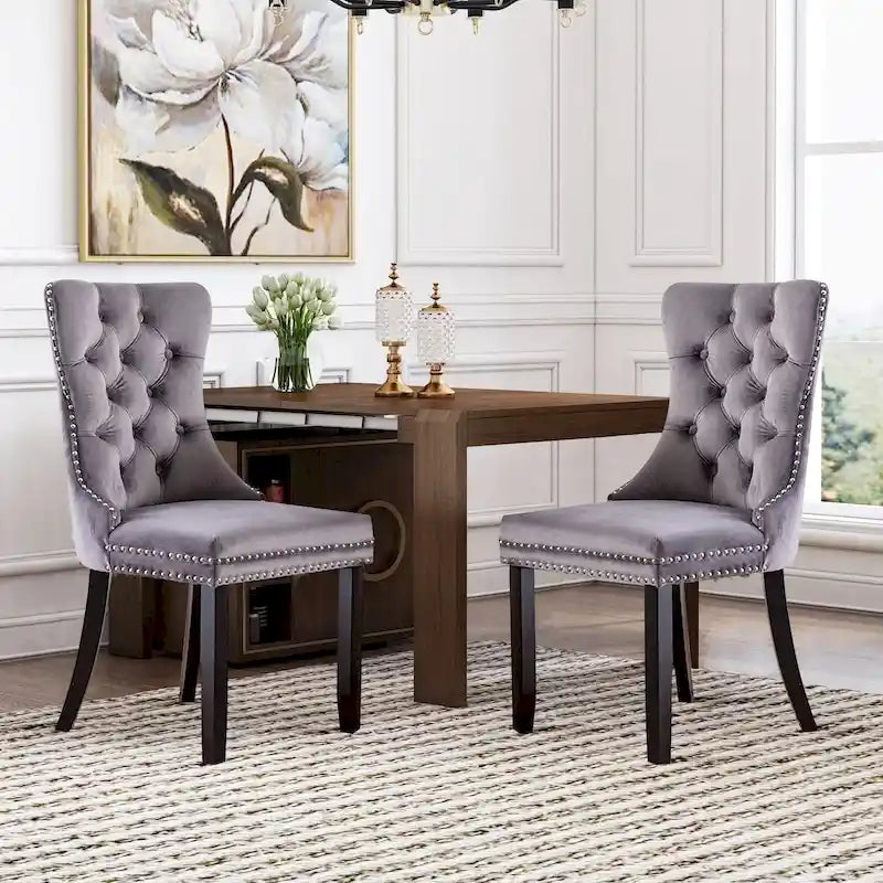 Velvet Modern Dining Chairs Set of 2, Upholstered Dining Side Chairs with Wood Legs, Nailhead Trim, Modern Dining Chairs - N/A