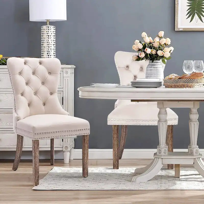 Velvet Modern Dining Chairs Set of 2, Upholstered Dining Side Chairs with Wood Legs, Nailhead Trim, Modern Dining Chairs - N/A