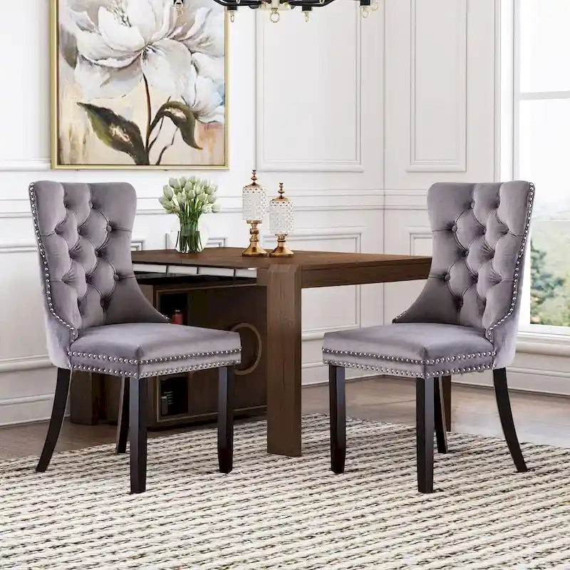 Velvet Modern Dining Chairs Set of 2, Upholstered Dining Side Chairs with Wood Legs, Nailhead Trim, Modern Dining Chairs - N/A