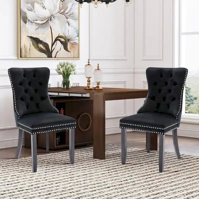Velvet Modern Dining Chairs Set of 2, Upholstered Dining Side Chairs with Wood Legs, Nailhead Trim, Modern Dining Chairs - N/A
