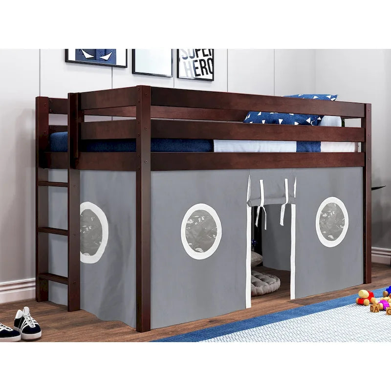 JACKPOT Contemporary Low Loft Twin Bed with End Ladder and Tent