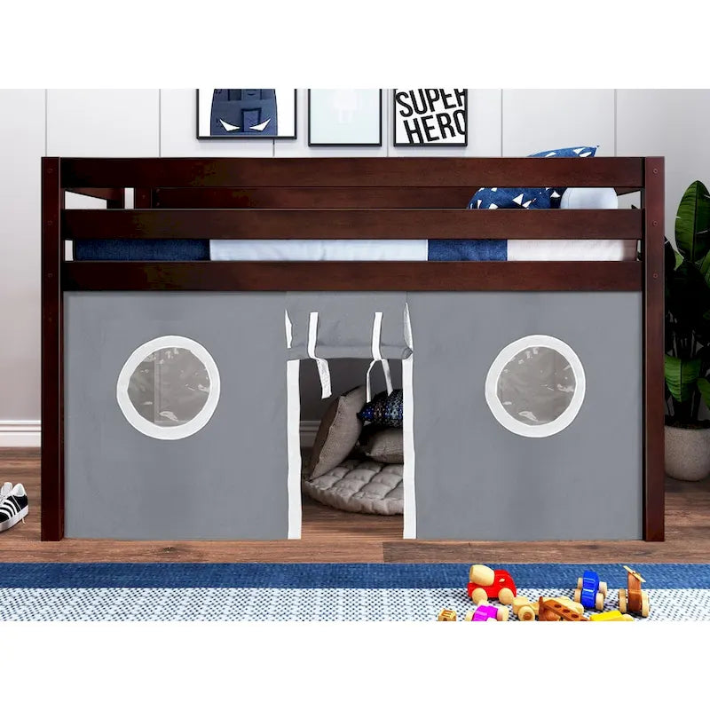 JACKPOT Contemporary Low Loft Twin Bed with End Ladder and Tent