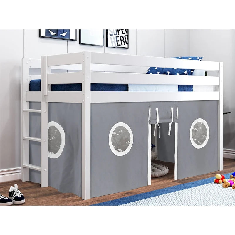 JACKPOT Contemporary Low Loft Twin Bed with End Ladder and Tent