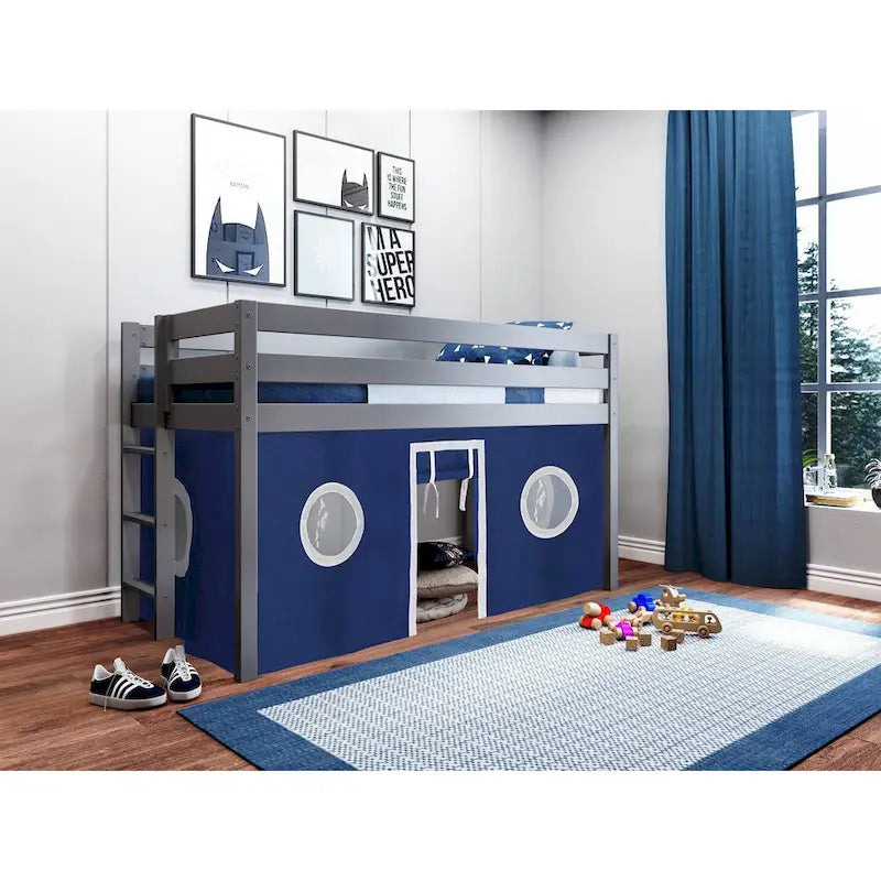 JACKPOT Contemporary Low Loft Twin Bed with End Ladder and Tent