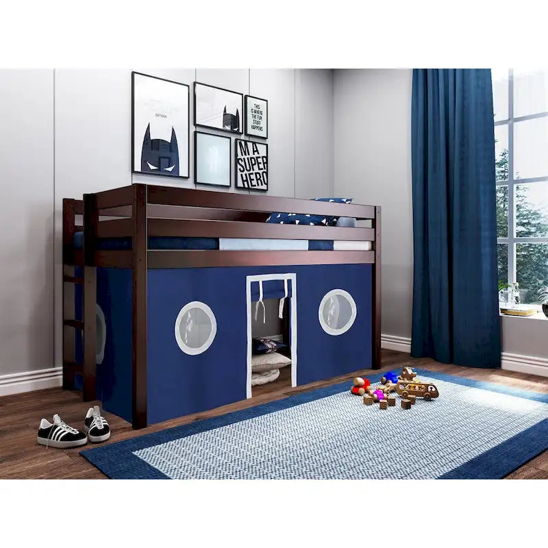 JACKPOT Contemporary Low Loft Twin Bed with End Ladder and Tent