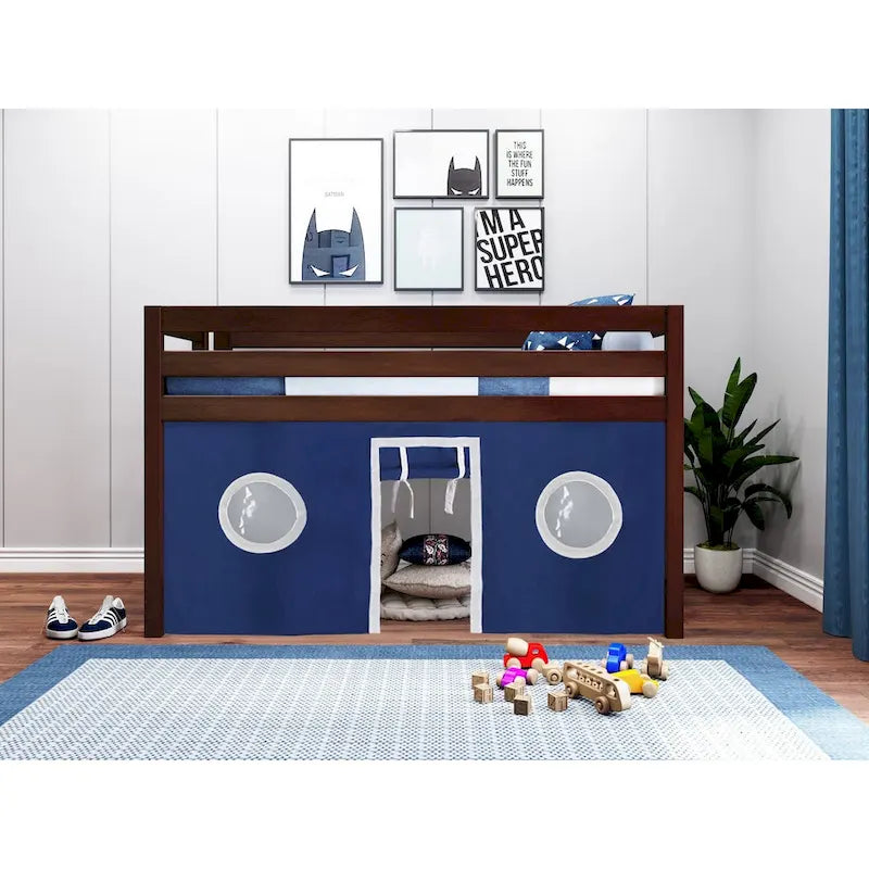 JACKPOT Contemporary Low Loft Twin Bed with End Ladder and Tent