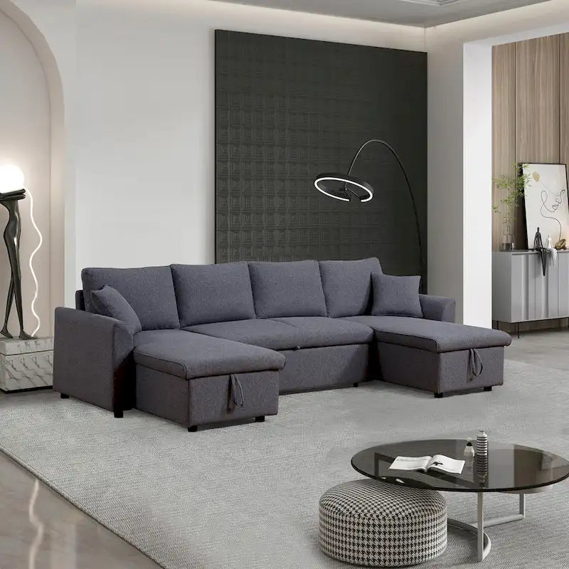 U-Shape Pull-out Sleeper Sectional Sofa with Double Storage Spaces