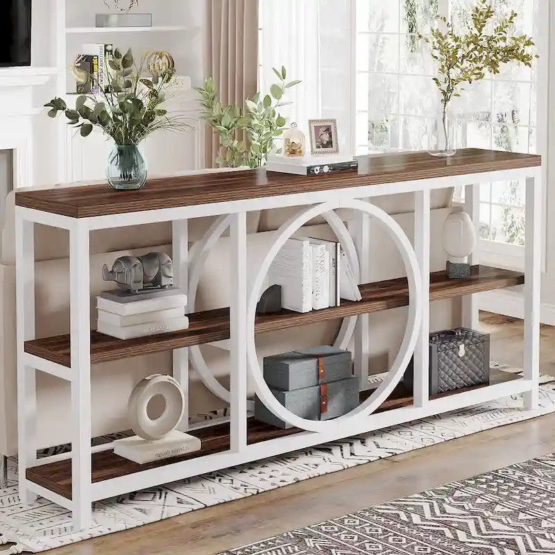 70.9 inch Extra Long Console Table with 3 Tier Wood Storage Shelves