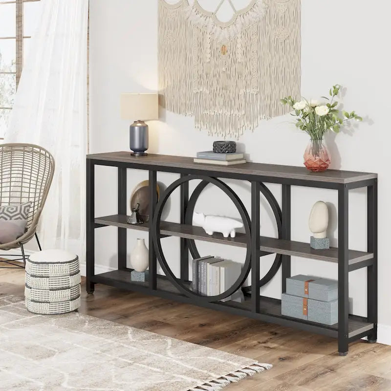 70.9 inch Extra Long Console Table with 3 Tier Wood Storage Shelves