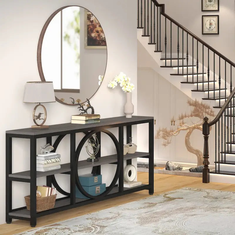 70.9 inch Extra Long Console Table with 3 Tier Wood Storage Shelves