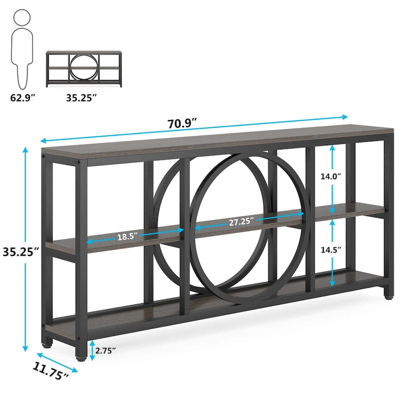 70.9 inch Extra Long Console Table with 3 Tier Wood Storage Shelves
