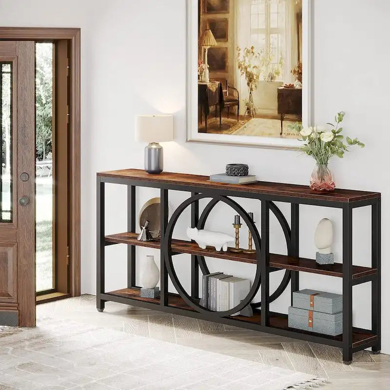 70.9 inch Extra Long Console Table with 3 Tier Wood Storage Shelves