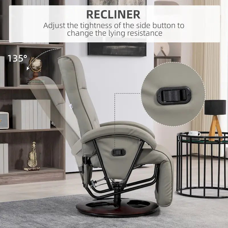 HOMCOM PU Recliner with Footrest, Lounge Chair with 135 Adjustable Backrest, Swivel Wood Base
