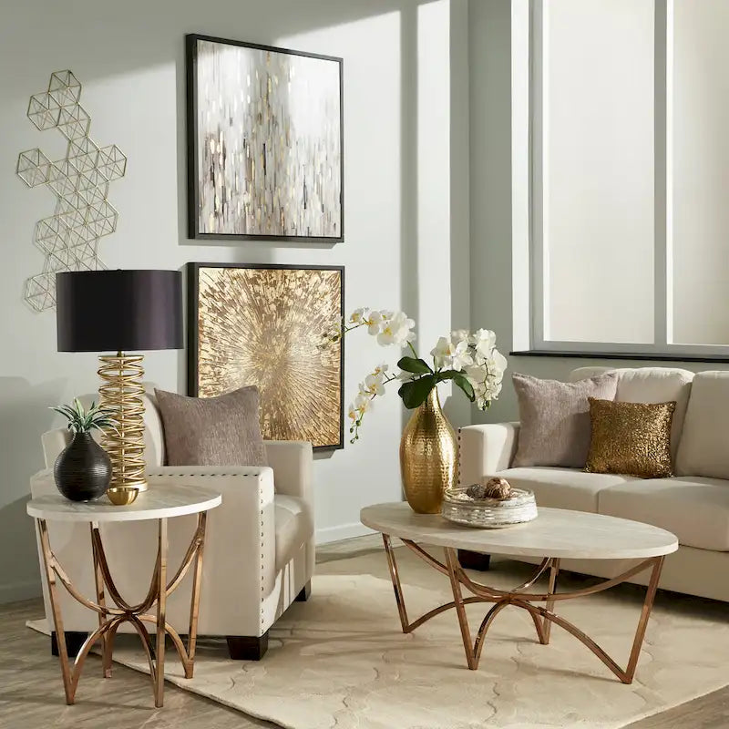 Vittoria Champagne Gold Table Set or Coffee Table with White Faux Marble Top by iNSPIRE Q Bold