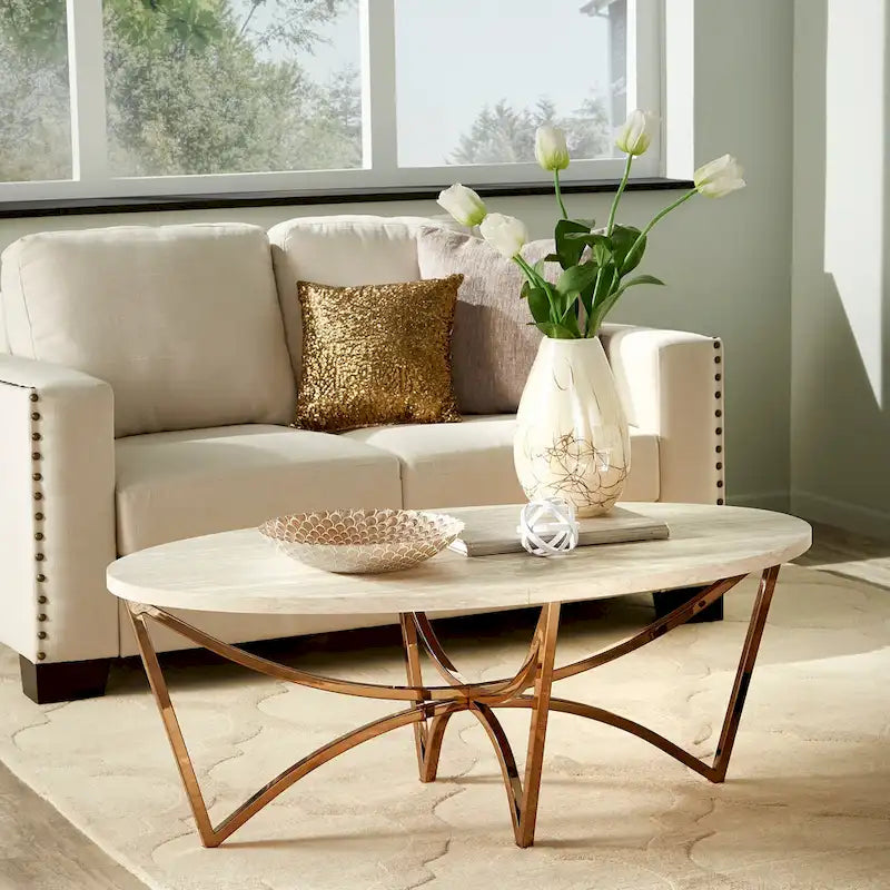 Vittoria Champagne Gold Table Set or Coffee Table with White Faux Marble Top by iNSPIRE Q Bold