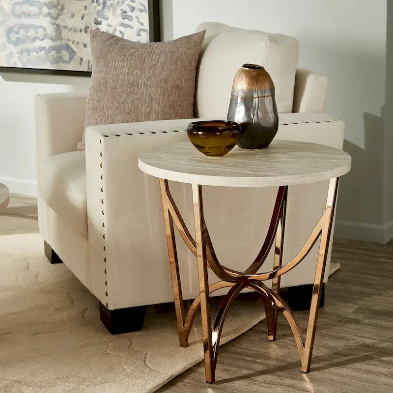Vittoria Champagne Gold Table Set or Coffee Table with White Faux Marble Top by iNSPIRE Q Bold