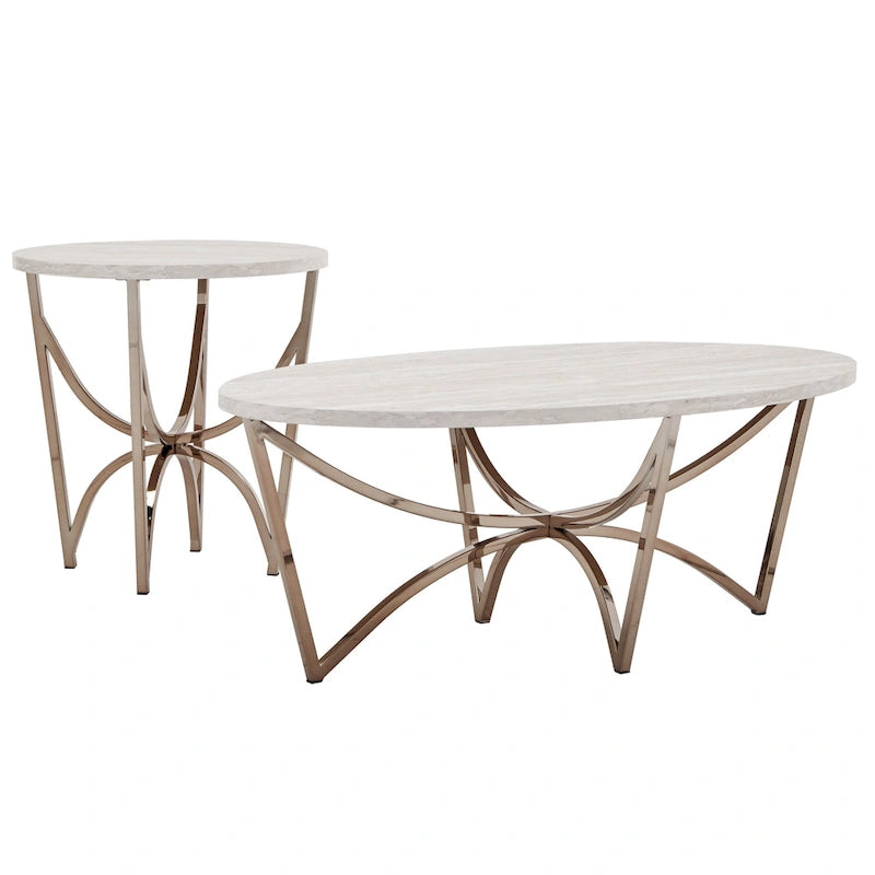 Vittoria Champagne Gold Table Set or Coffee Table with White Faux Marble Top by iNSPIRE Q Bold