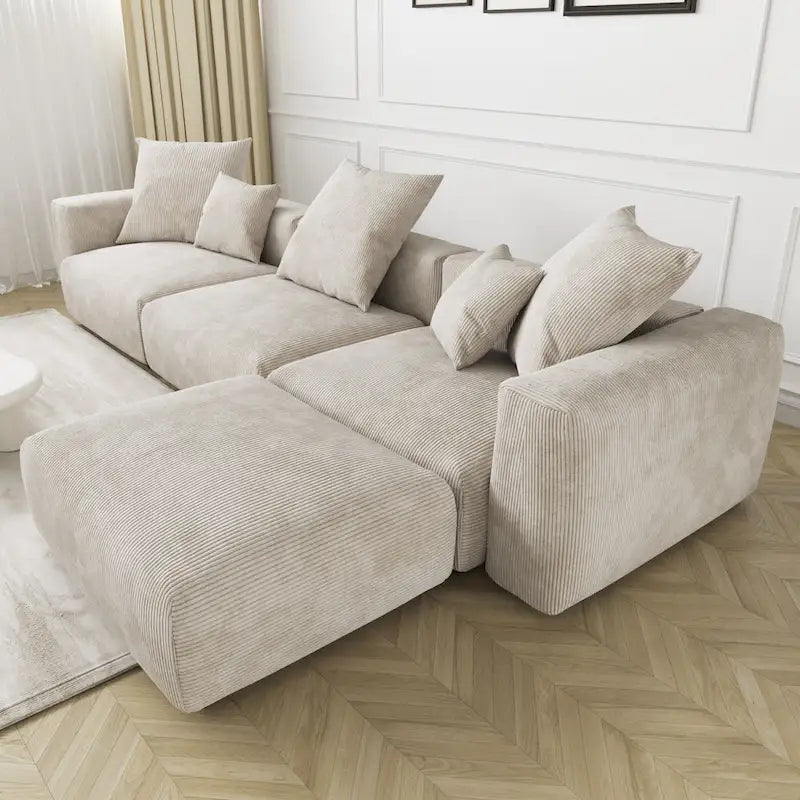 142 L-shape Oversized Corduroy Sectional Sofa Classic Deep Couch with Ottoman