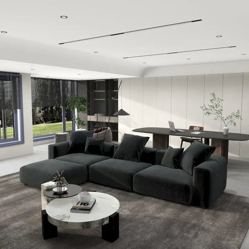 142 L-shape Oversized Corduroy Sectional Sofa Classic Deep Couch with Ottoman