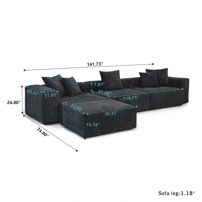 142 L-shape Oversized Corduroy Sectional Sofa Classic Deep Couch with Ottoman