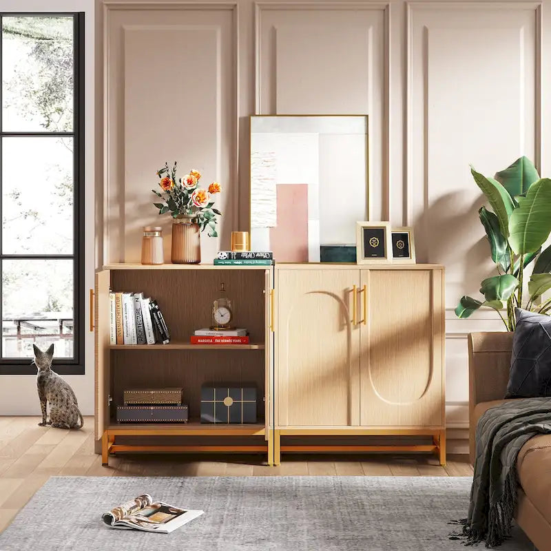 Sideboard Buffet Cabinet with Storage, Modern 4 Doors Buffets with Adjustable Shelf for Living Room Kitchen Dining Room Hallway